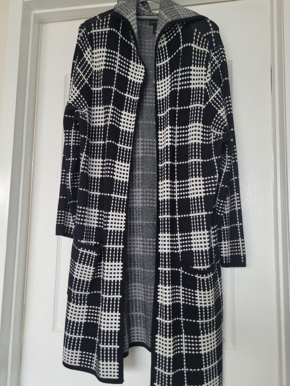 Investments Black and White Plaid Long Open Cardigan With Hood